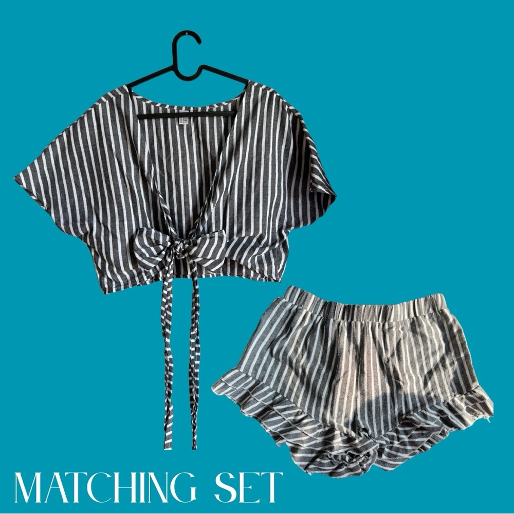 Matching set Striped Grey and White with Ruffle Shorts and Wrap Tie top